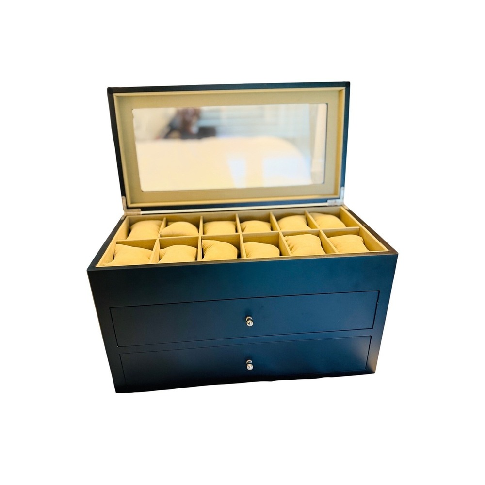 36 Slot Wood Watch Box Organizer Glass Top 3 Tier Display Case Black Cream